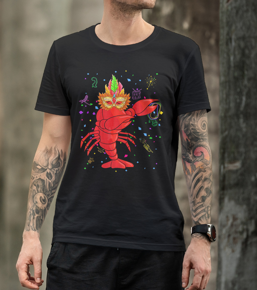 Dabbing Lobster With Mardi Gras Mask And Beads Confetti T-Shirt