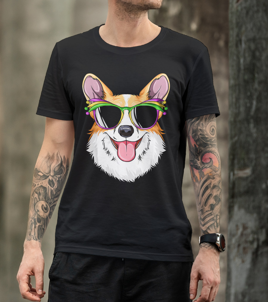 Mardi Gras Corgi With Carnival Mask And Glasses T-Shirt