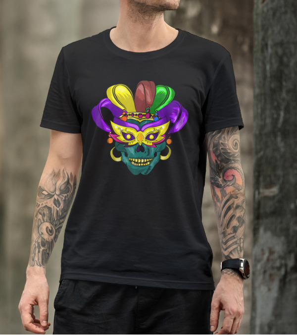 Mardi Gras Sugar Skull Colorful Mask Feather Parade Costume T-Shirt