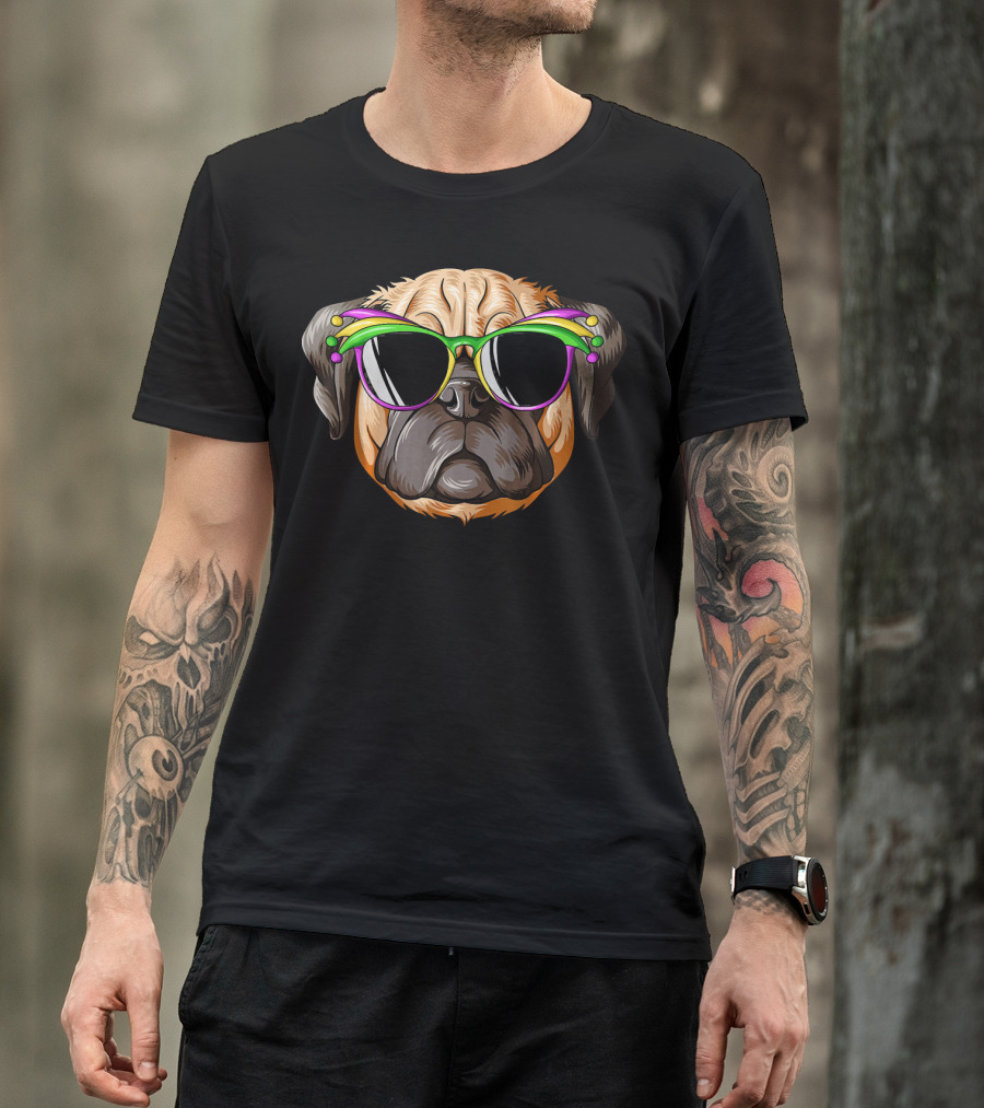 Pug Wearing Mardi Gras Carnival Mask With Colorful Beads And Sunglasses T-Shirt