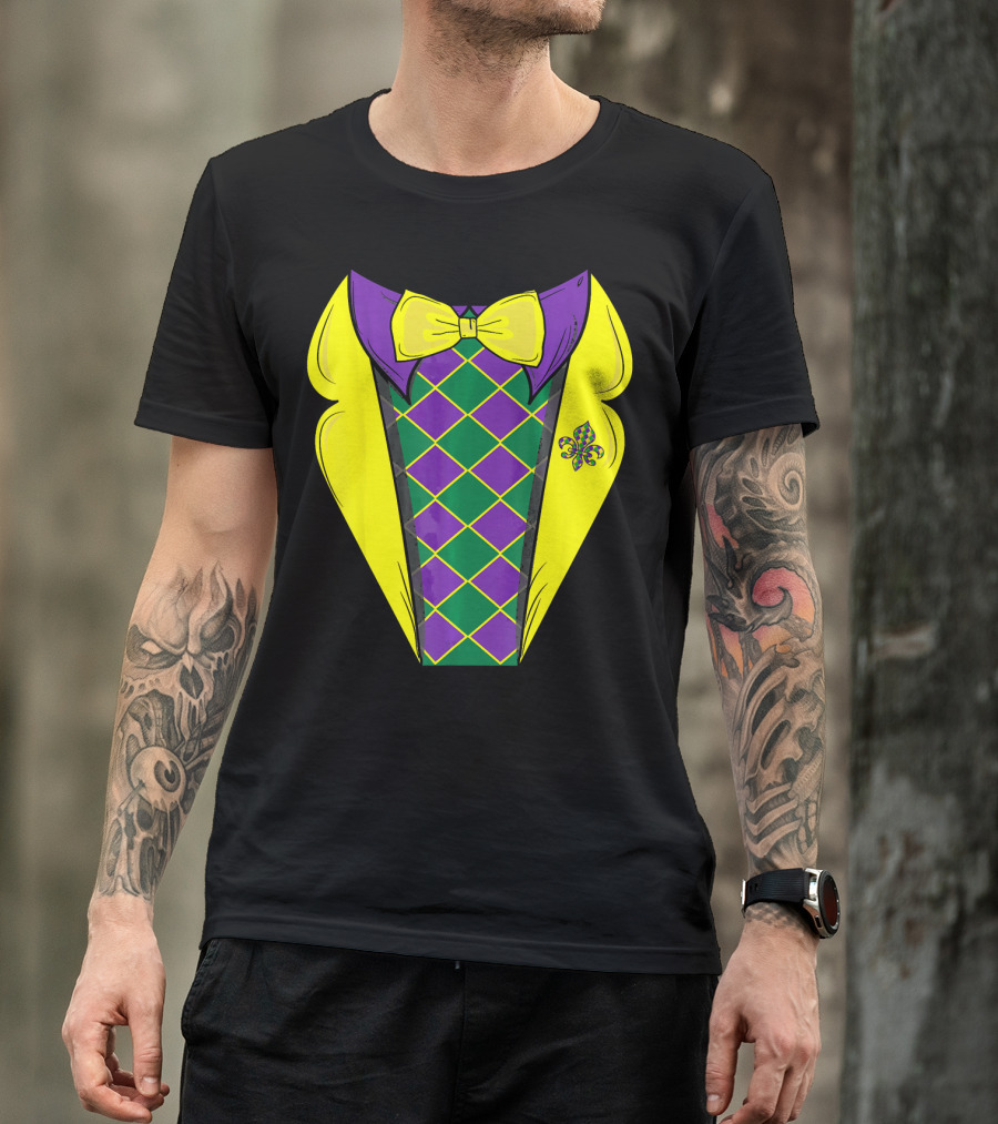Mardi Gras Tuxedo Funny Party With Yellow Bowtie And Fleur-de-Lis T-Shirt