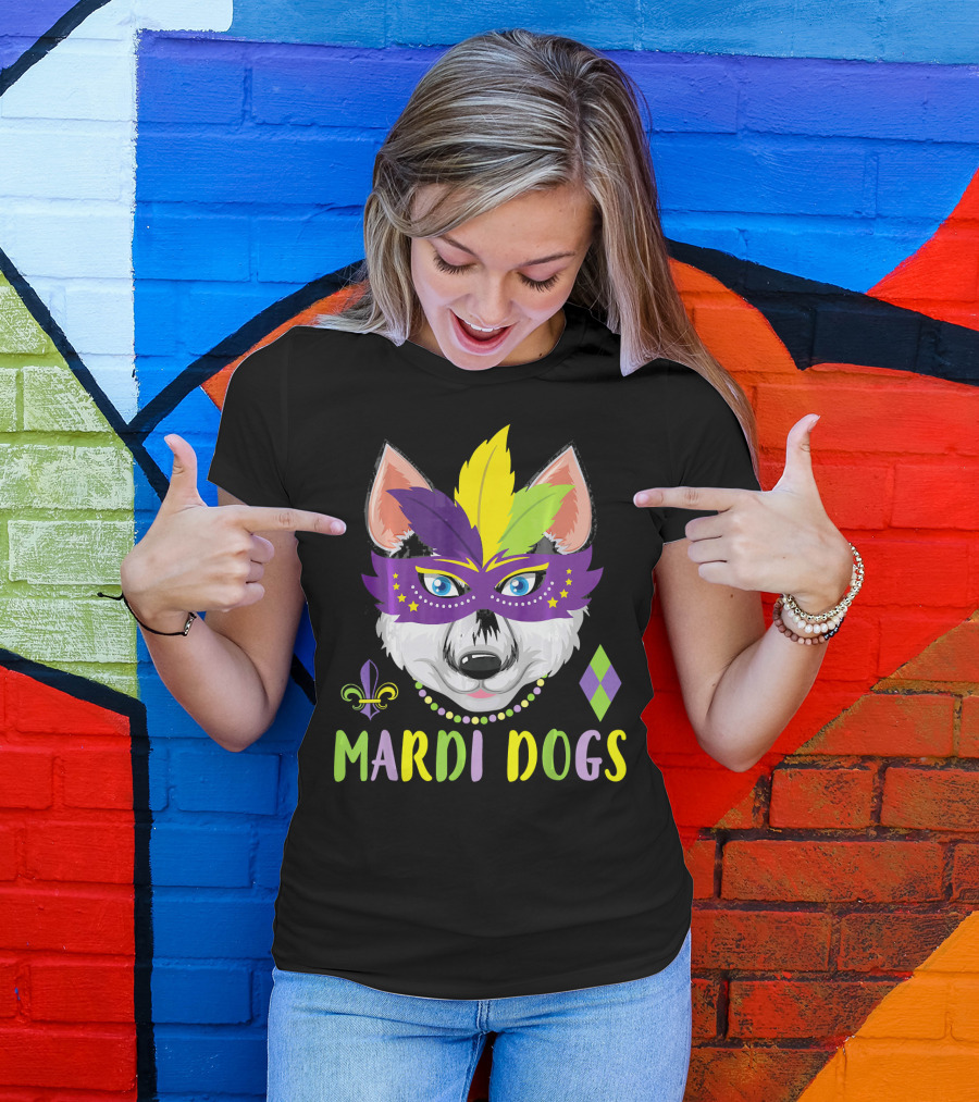 Mardi Dogs Siberian Husky Mask Beads Fleur-de-Lis T-Shirt