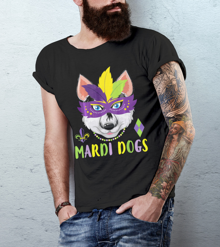 Mardi Dogs Siberian Husky Mask Beads Fleur-de-Lis T-Shirt