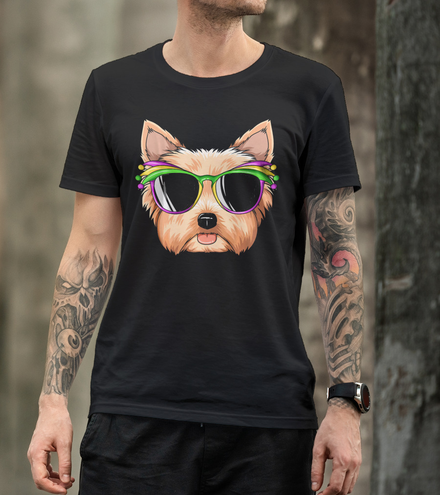 Yorkshire Terrier Mardi Gras Colorful Sunglasses Mask Yorks T-Shirt