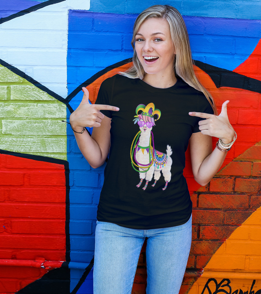 Mardi Gras Beads Masked Llama With Jester Hat T-Shirt