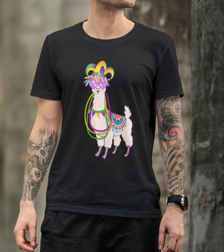 Mardi Gras Beads Masked Llama With Jester Hat T-Shirt