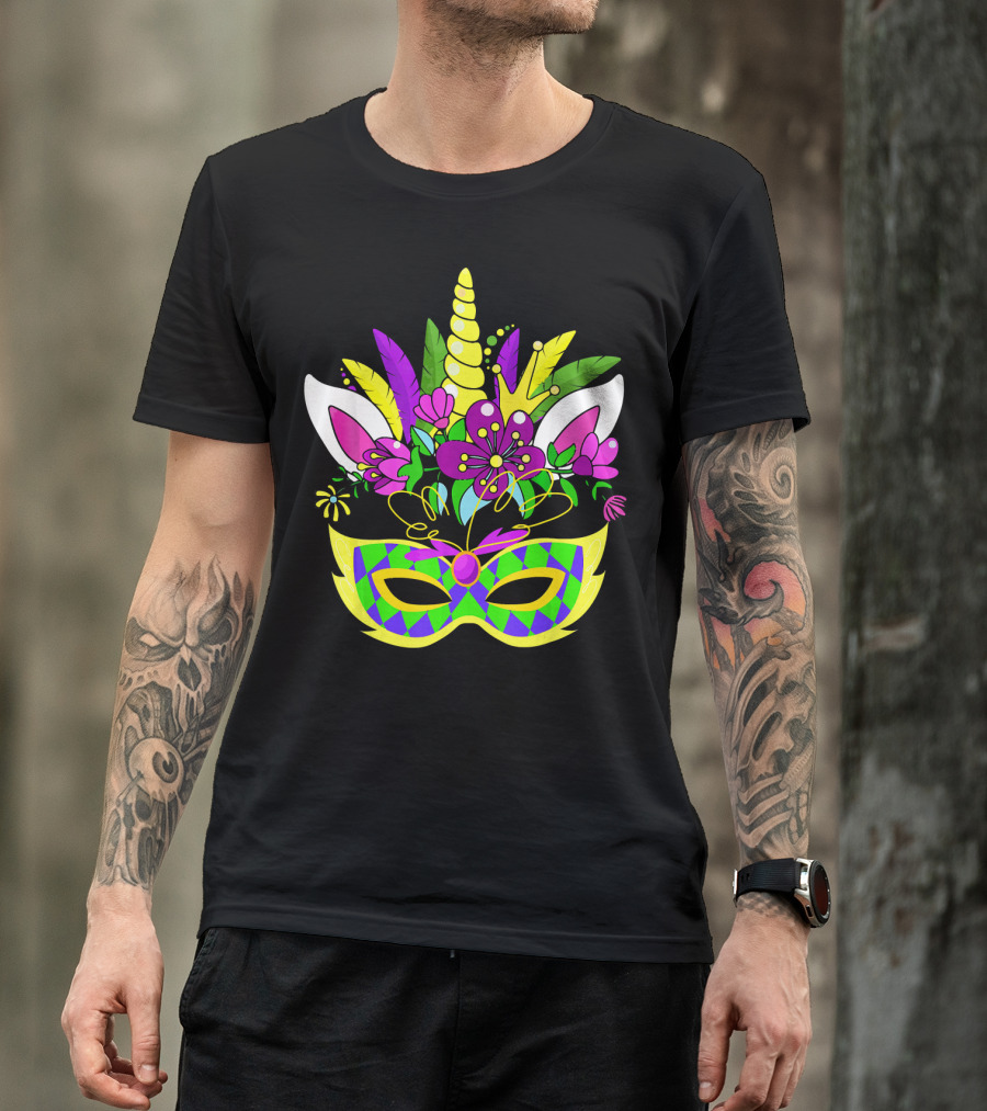 Mardi Gras Unicorn Mask Flowered Headdress T-Shirt