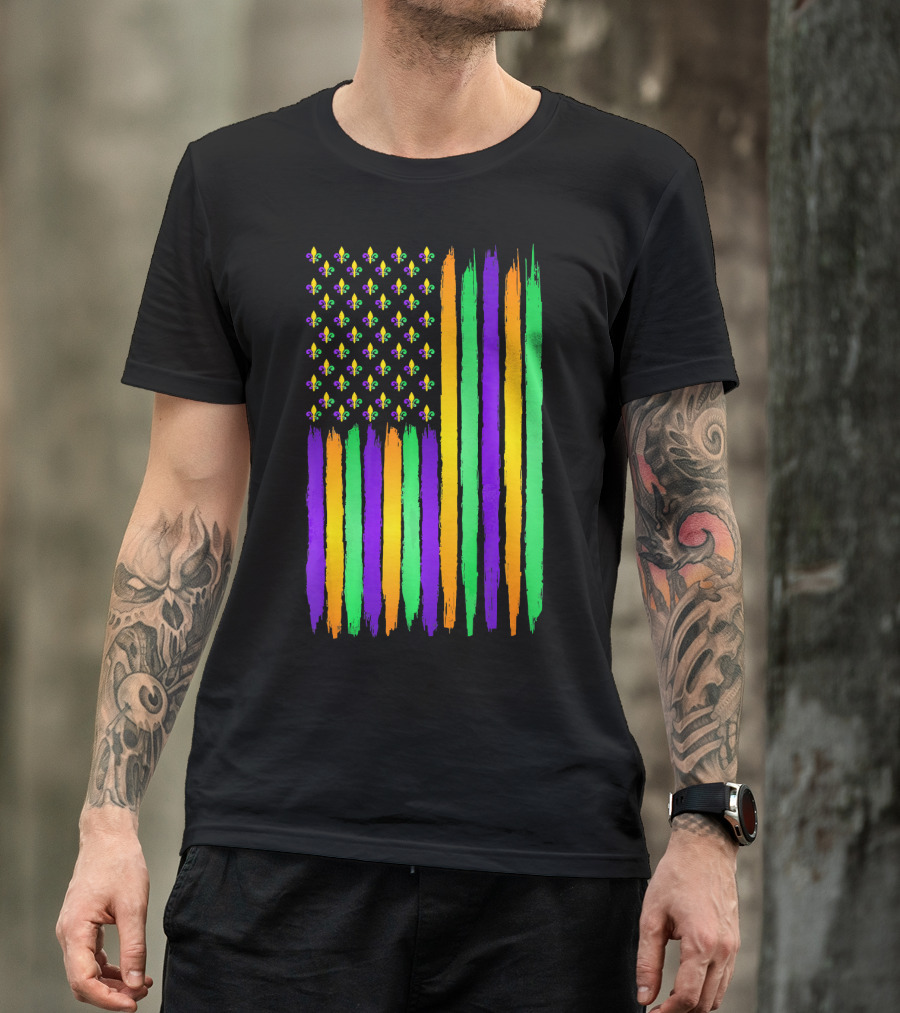 American Flag Fleur De Lis USA Flag Mardi Gras Colors T-Shirt