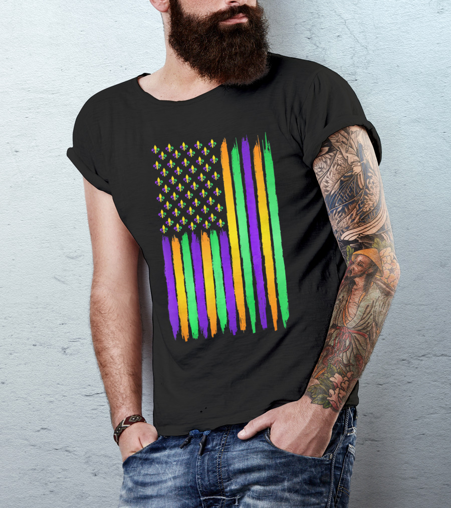 American Flag Fleur De Lis USA Flag Mardi Gras Colors T-Shirt