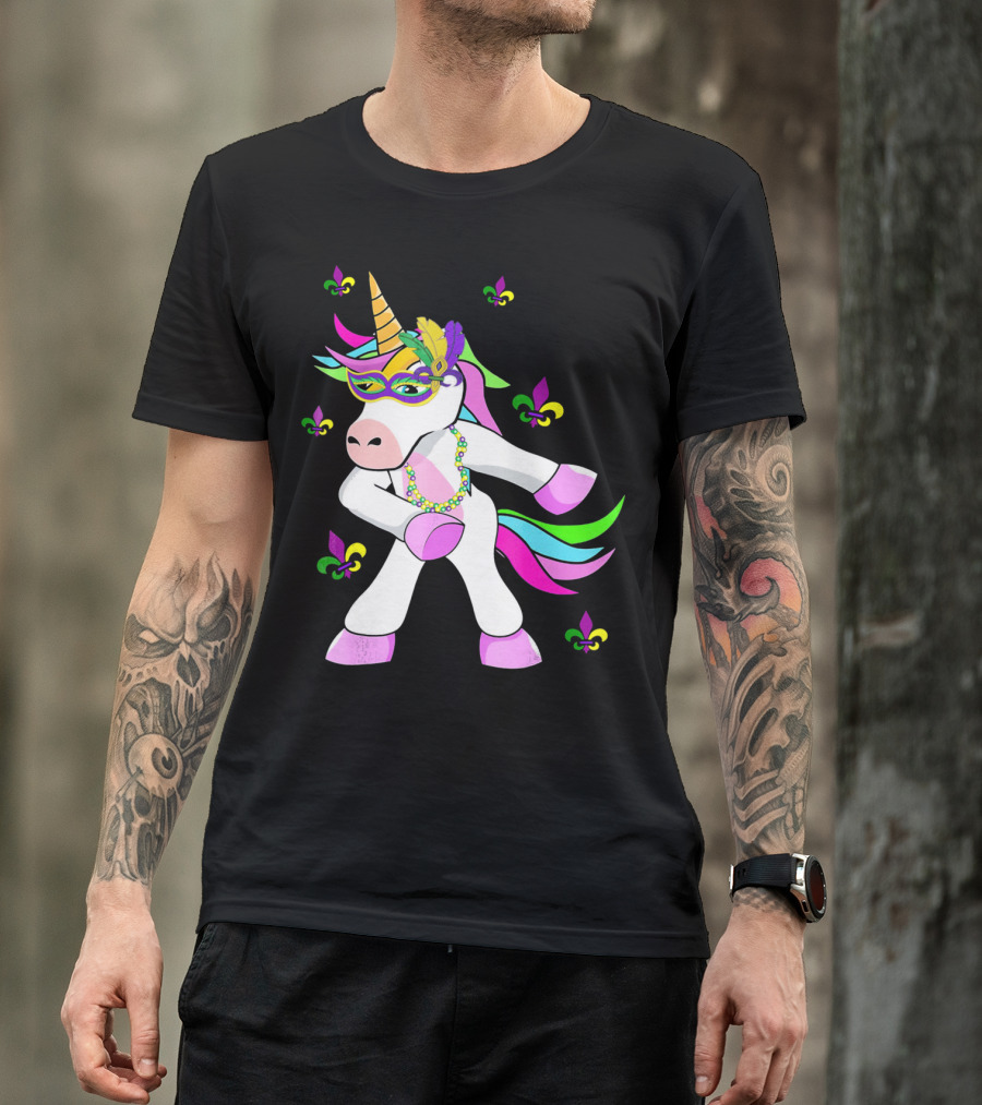 Mardi Gras Flossing Unicorn Fleur De Lis Mask Feathers Beads T-Shirt