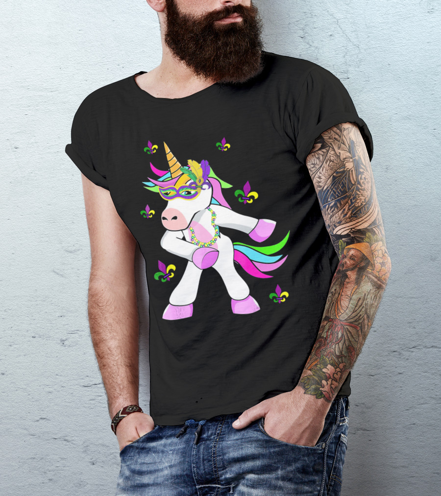 Mardi Gras Flossing Unicorn Fleur De Lis Mask Feathers Beads T-Shirt