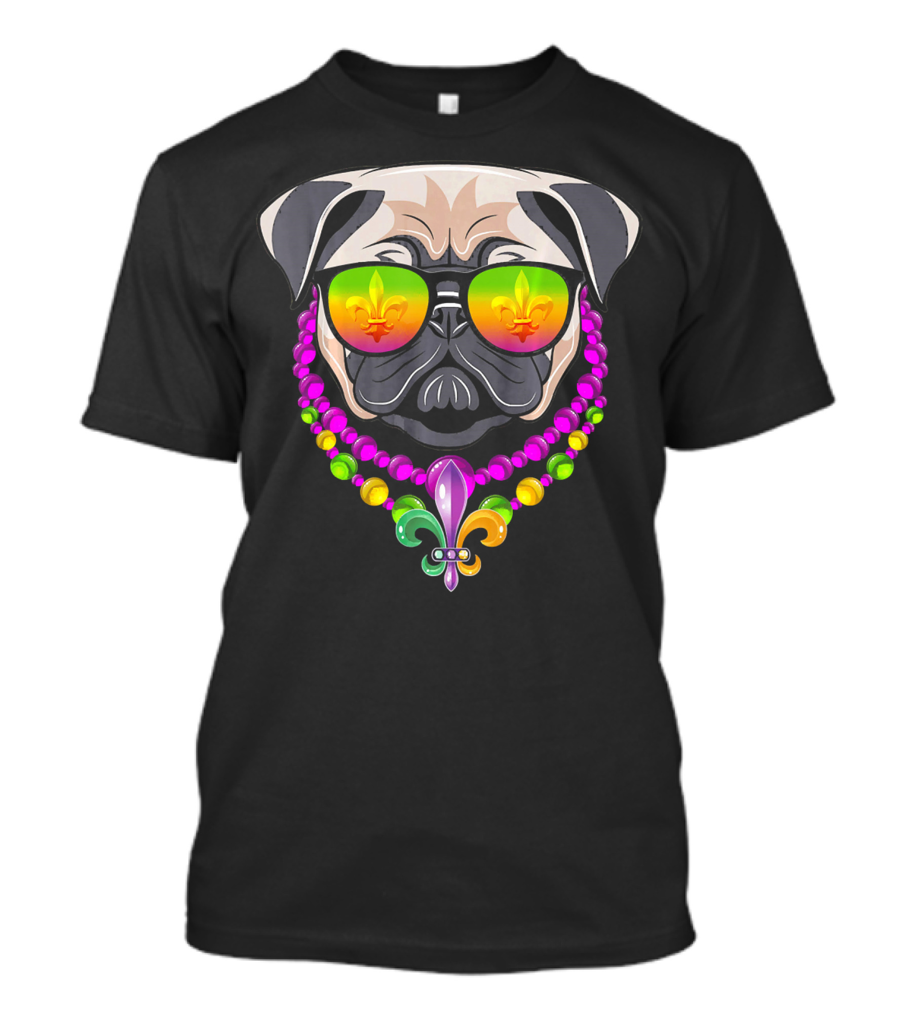 Mardi Gras Pug With Beads And Fleur-de-Lis Sunglasses T-Shirt
