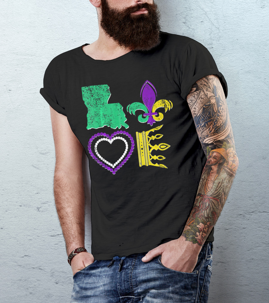 Louisiana Love Mardi Gras Fleur-de-Lis Beads Crown T-Shirt