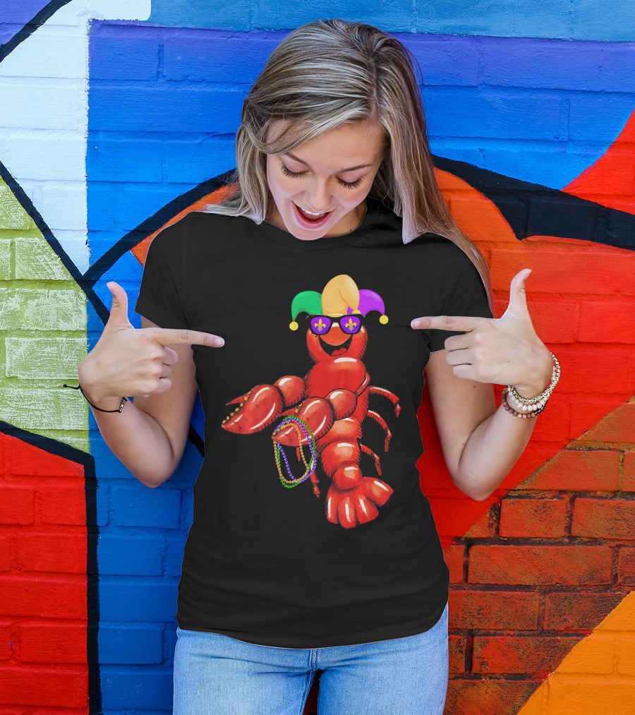 Flossing Mardi Gras Bead Jester Hat Crawfish With Sunglasses T-Shirt