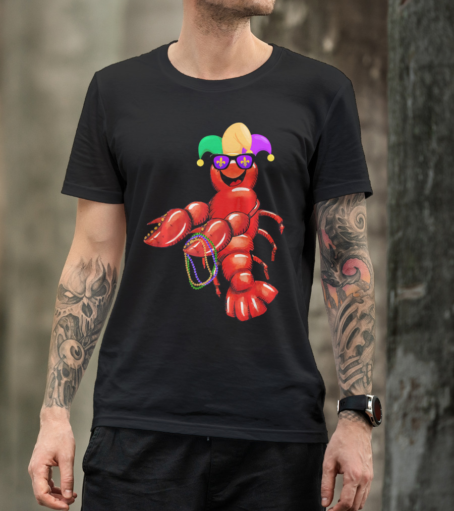 Flossing Mardi Gras Bead Jester Hat Crawfish With Sunglasses T-Shirt