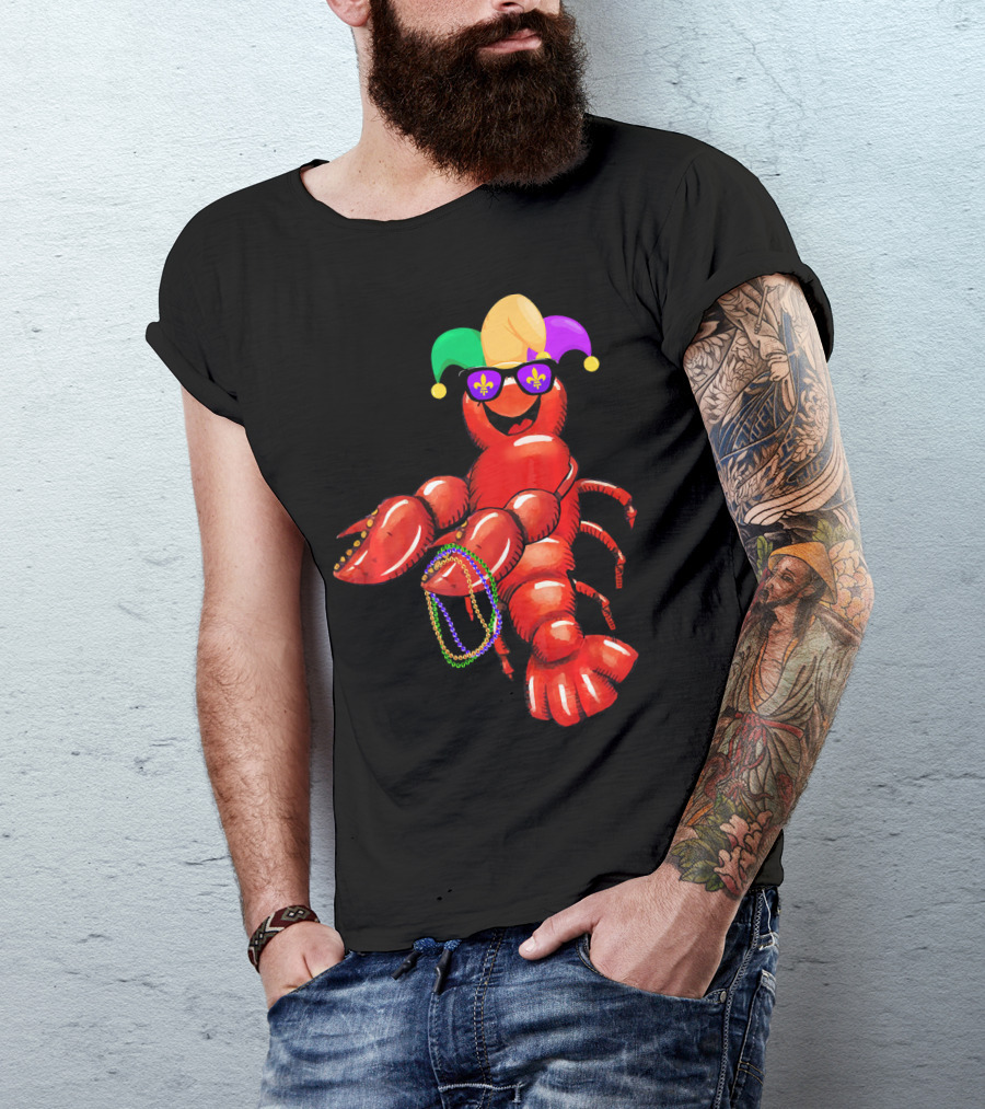 Flossing Mardi Gras Bead Jester Hat Crawfish With Sunglasses T-Shirt