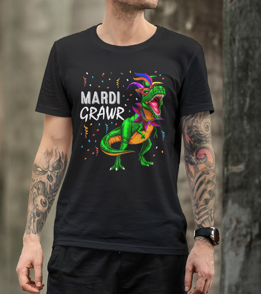 Mardi Grawr Rex Dinosaur Festive Costume With Confetti T-Shirt