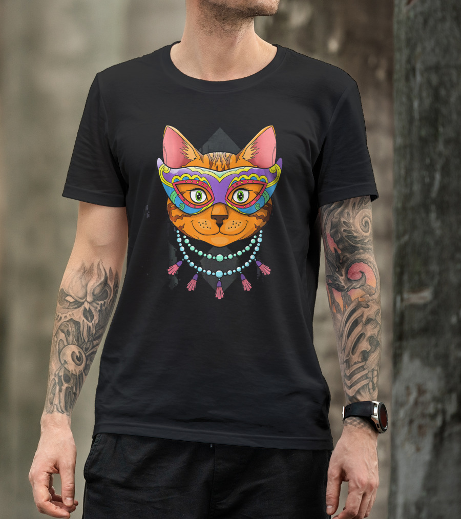 Mardi Gras Cat Mask With Beads And Feathers T-Shirt