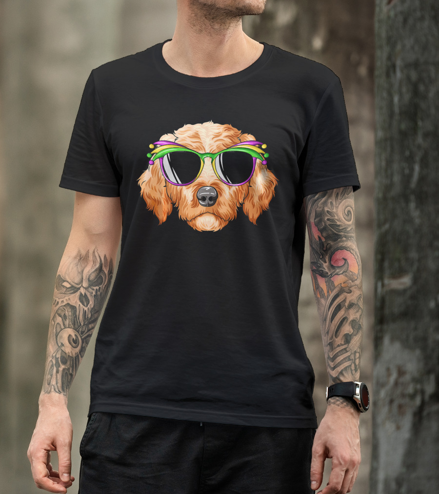 Goldendoodle Mardi Gras Carnival Mask Sunglasses T-Shirt