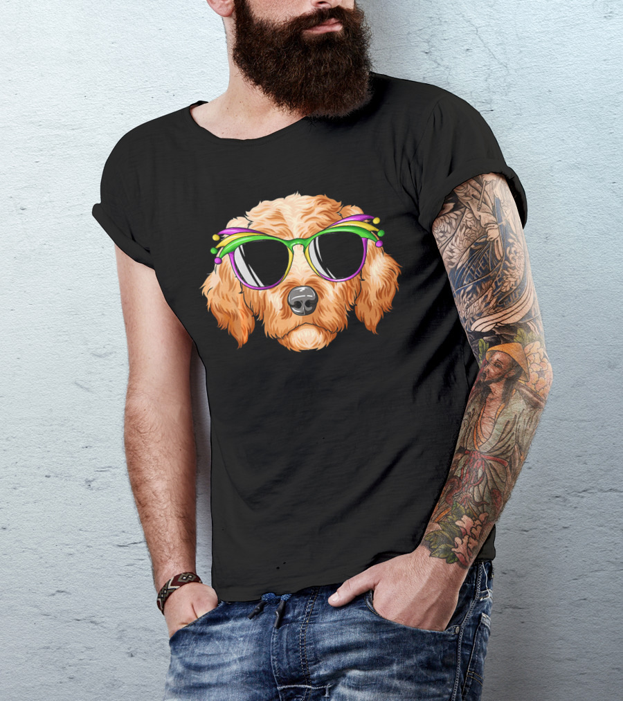 Goldendoodle Mardi Gras Carnival Mask Sunglasses T-Shirt