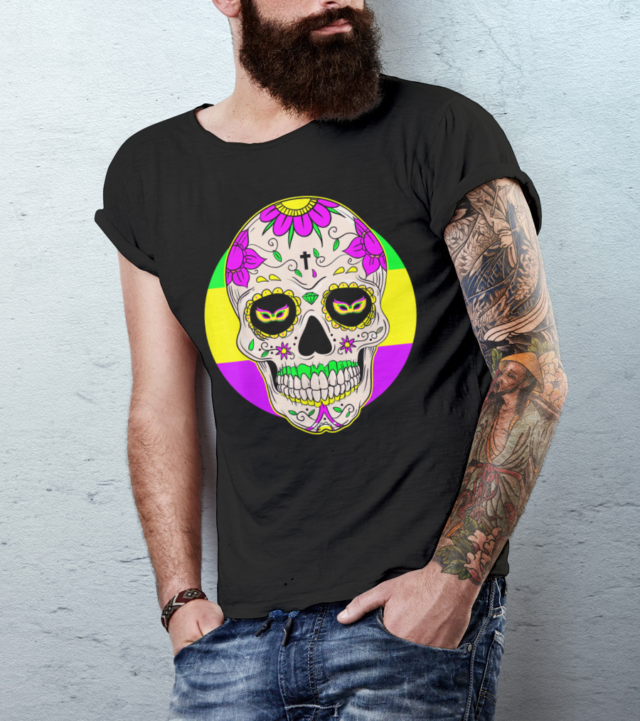 Mardi Gras Sugar Skull With Jester Hat And Mask Elements T-Shirt