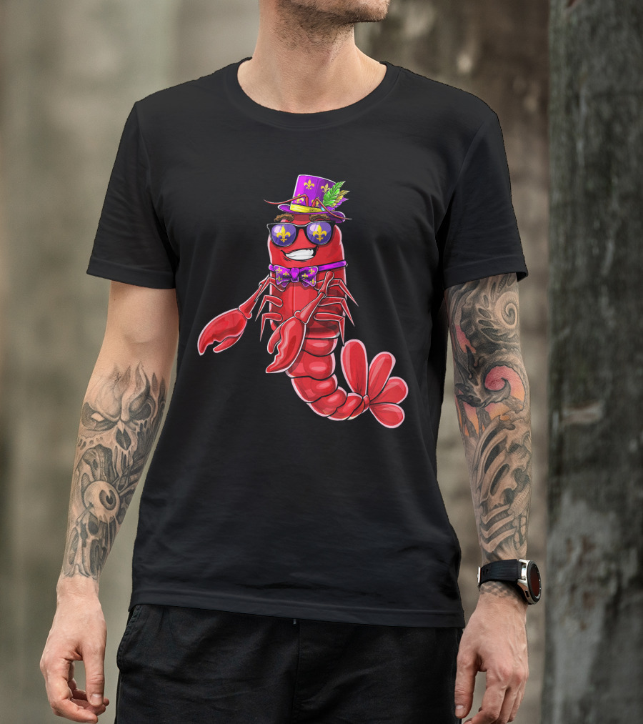 Flossing Crawfish In Mardi Gras Jester Hat With Beads And Fleur-de-lis Glasses T-Shirt