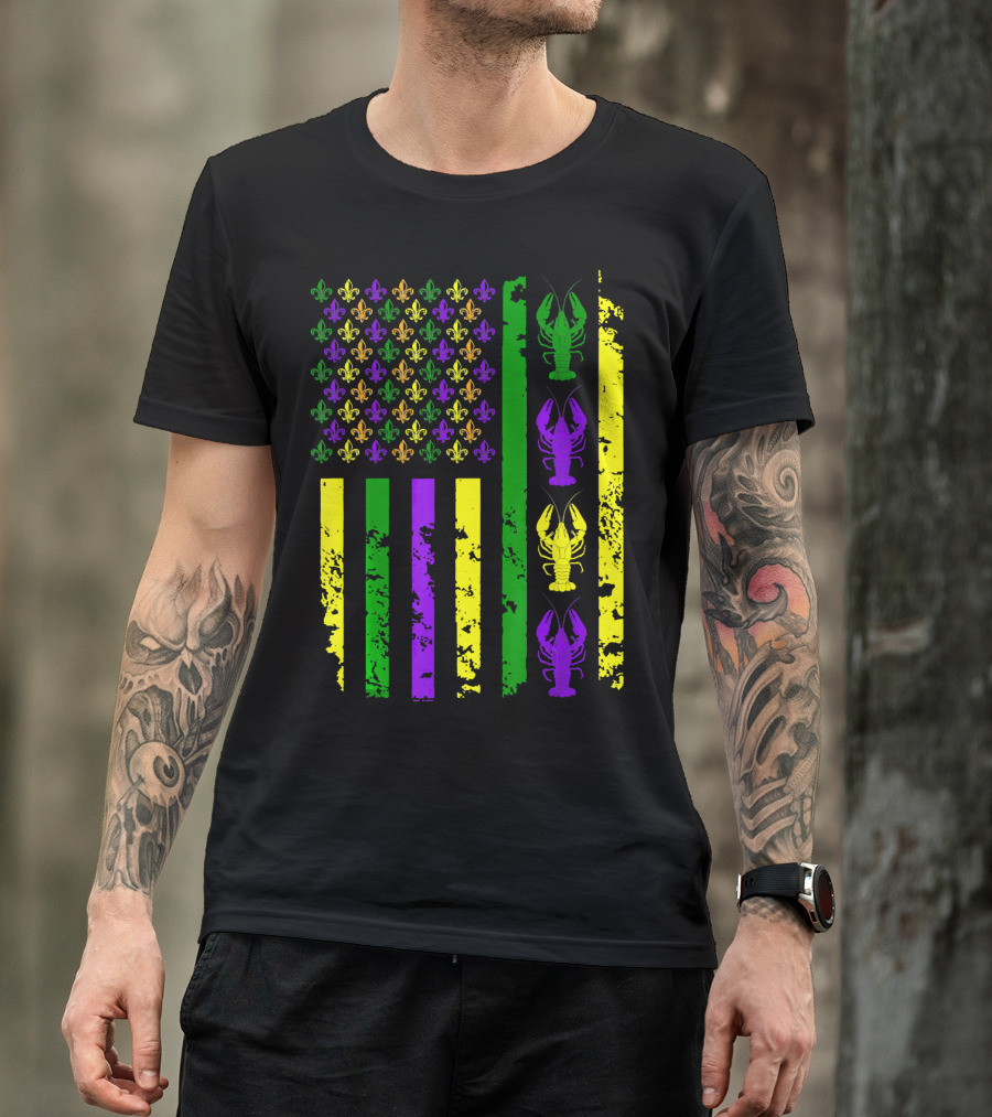 American Flag Mardi Gras Fleur De Lis Crawfish T-Shirt