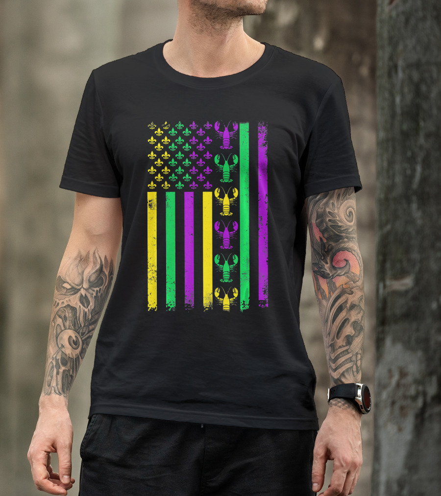 American Flag Mardi Gras Crawfish Fleur-de-Lis T-Shirt