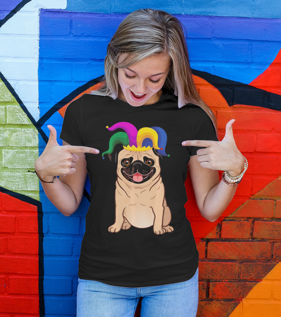 Pug Dog Wearing Colorful Jester Hat For Mardi Gras T-Shirt
