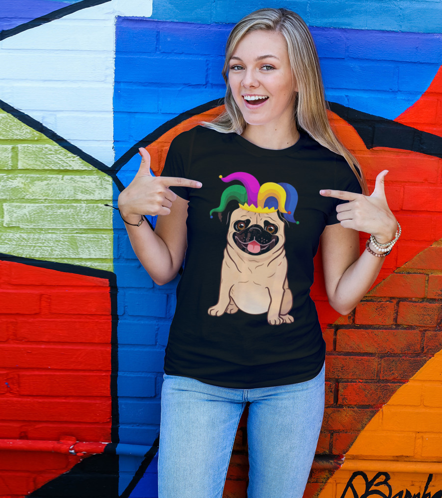 Pug Dog Wearing Colorful Jester Hat For Mardi Gras T-Shirt