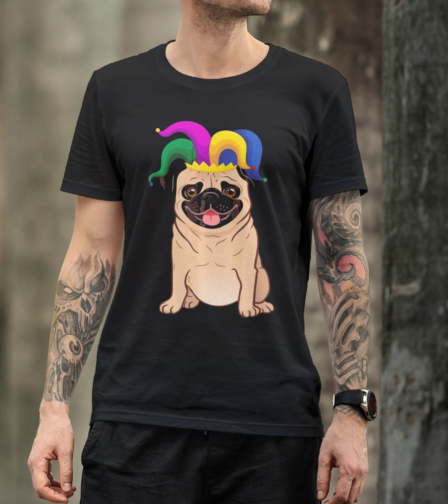 Pug Dog Wearing Colorful Jester Hat For Mardi Gras T-Shirt