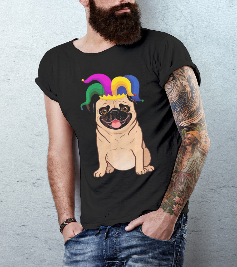 Pug Dog Wearing Colorful Jester Hat For Mardi Gras T-Shirt