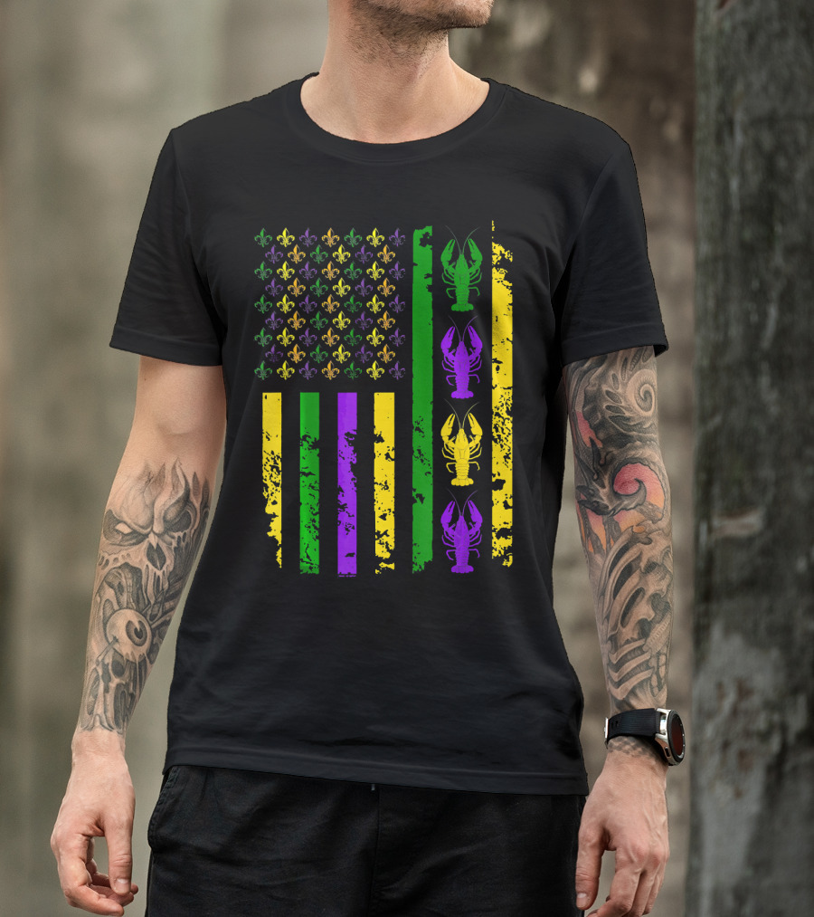 Mardi Gras Crawfish Fleur-de-lis American Flag Stripes T-Shirt