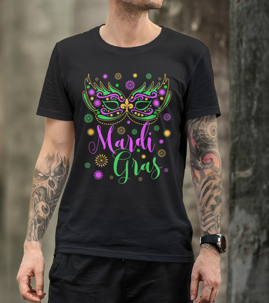 Mardi Gras Feathered Mask Colorful Celebration Text T-Shirt