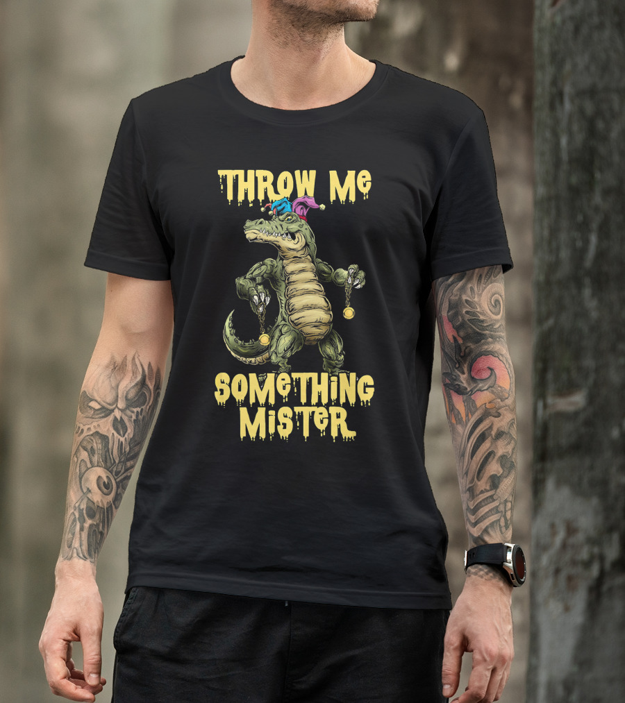 Throw Me Something Mister Mardi Gras Alligator With Beads And Jester Hat T-Shirt