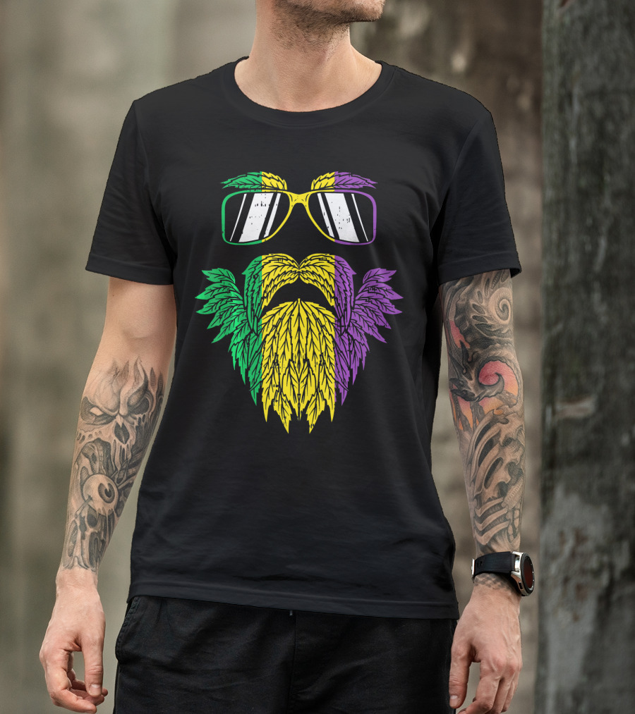 Purple Green Yellow Beard Sunglasses Mardi Gras Hipster T-Shirt