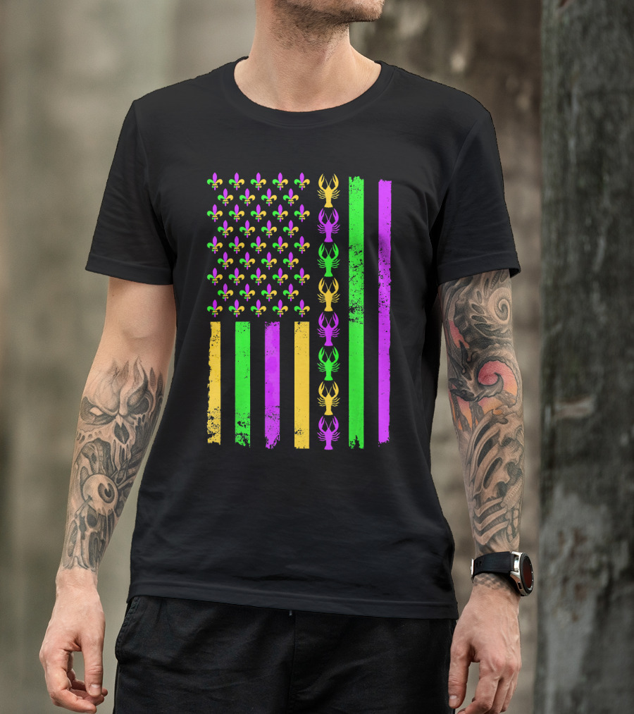 American Flag Fleur De Lis Crawfish Mardi Gras Colors T-Shirt
