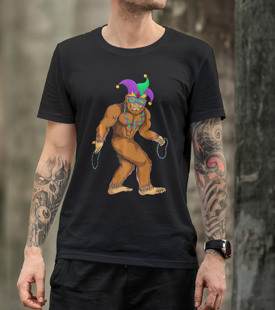 Mardi Gras Bigfoot Wearing Jester Hat Mask And Beads T-Shirt