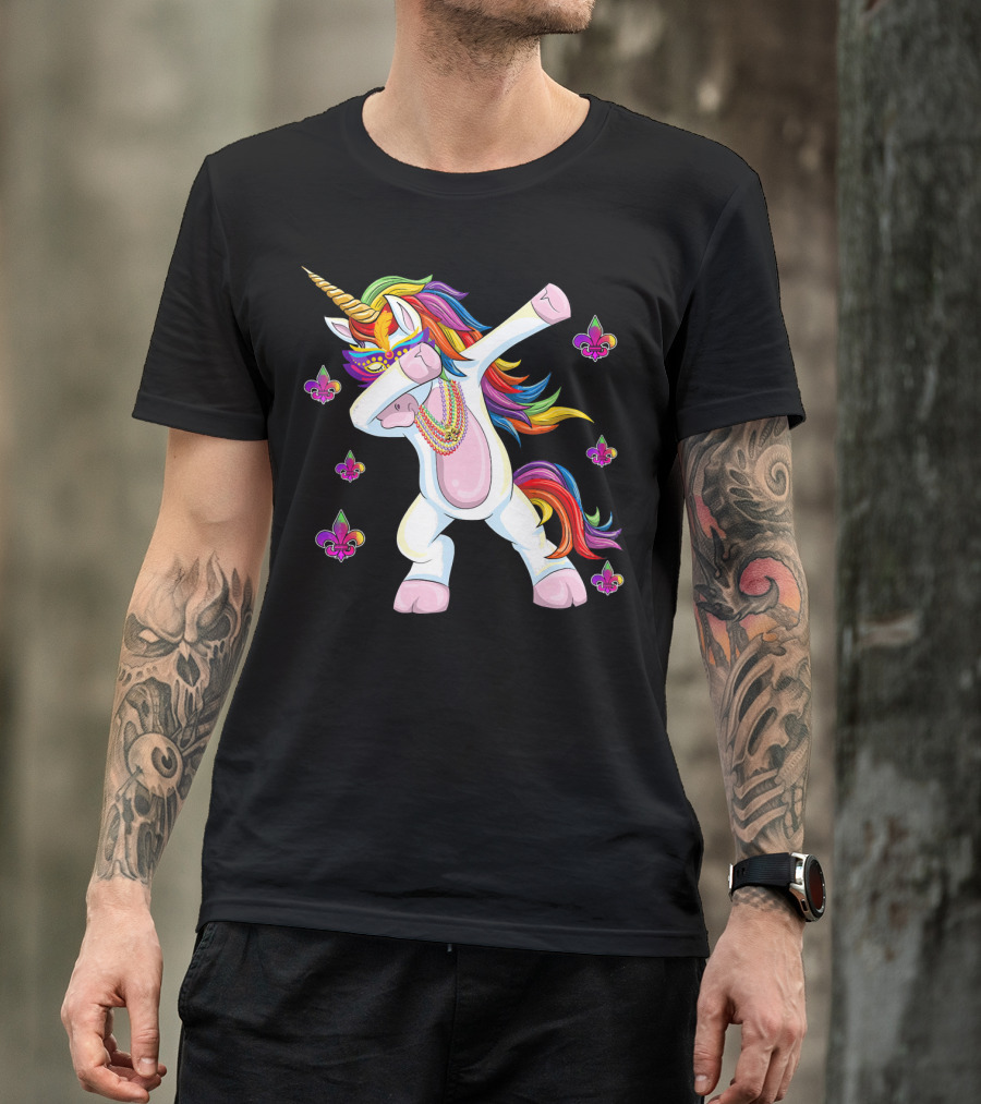 Mardi Gras New Orleans Unicorn Dabbing Fleur-de-Lis Beads T-Shirt