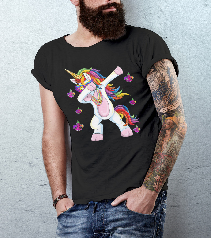 Mardi Gras New Orleans Unicorn Dabbing Fleur-de-Lis Beads T-Shirt