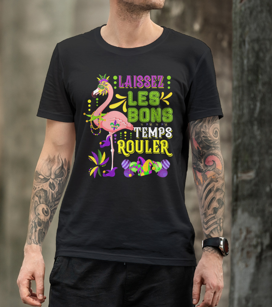 LAISSEZ LES BONS TEMPS ROULER Flamingo Mardi Gras Beads T-Shirt