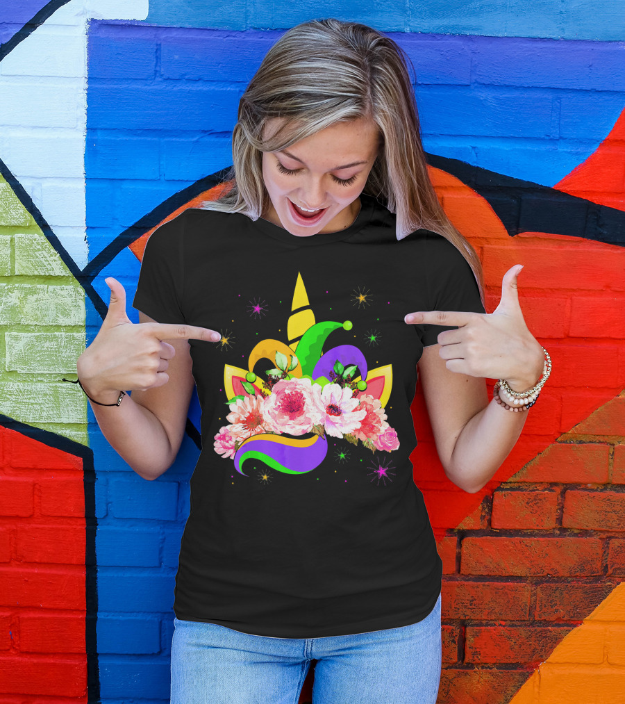 Mardi Gras Unicorn Costume With Mask Bea Floral Headpiece And Colorful Jester Hat T-Shirt