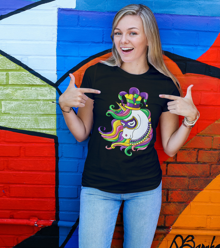 Jester Hat Rainbow Unicorn Mardi Gras Beads T-Shirt