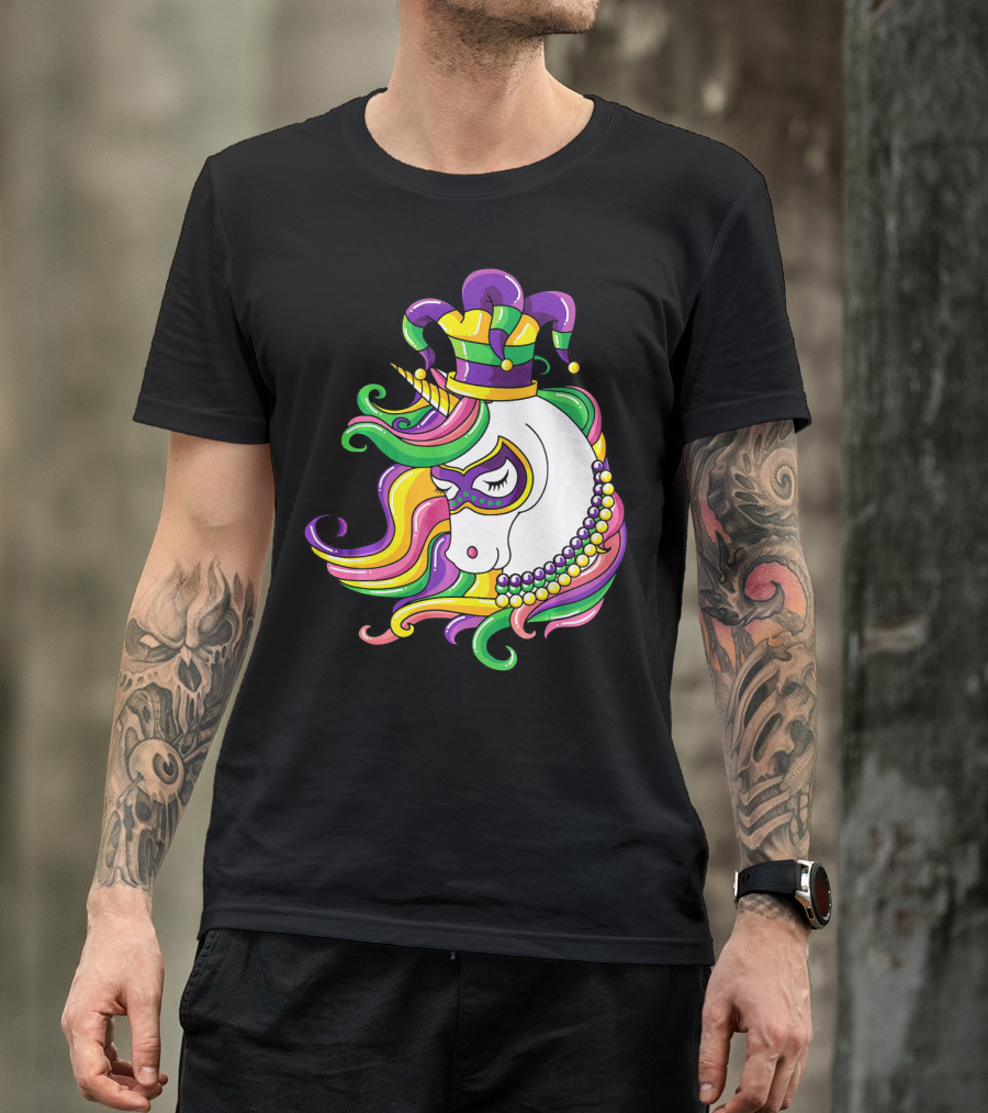 Jester Hat Rainbow Unicorn Mardi Gras Beads T-Shirt