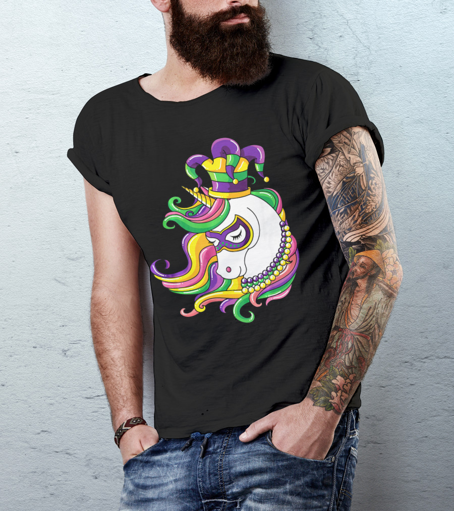 Jester Hat Rainbow Unicorn Mardi Gras Beads T-Shirt