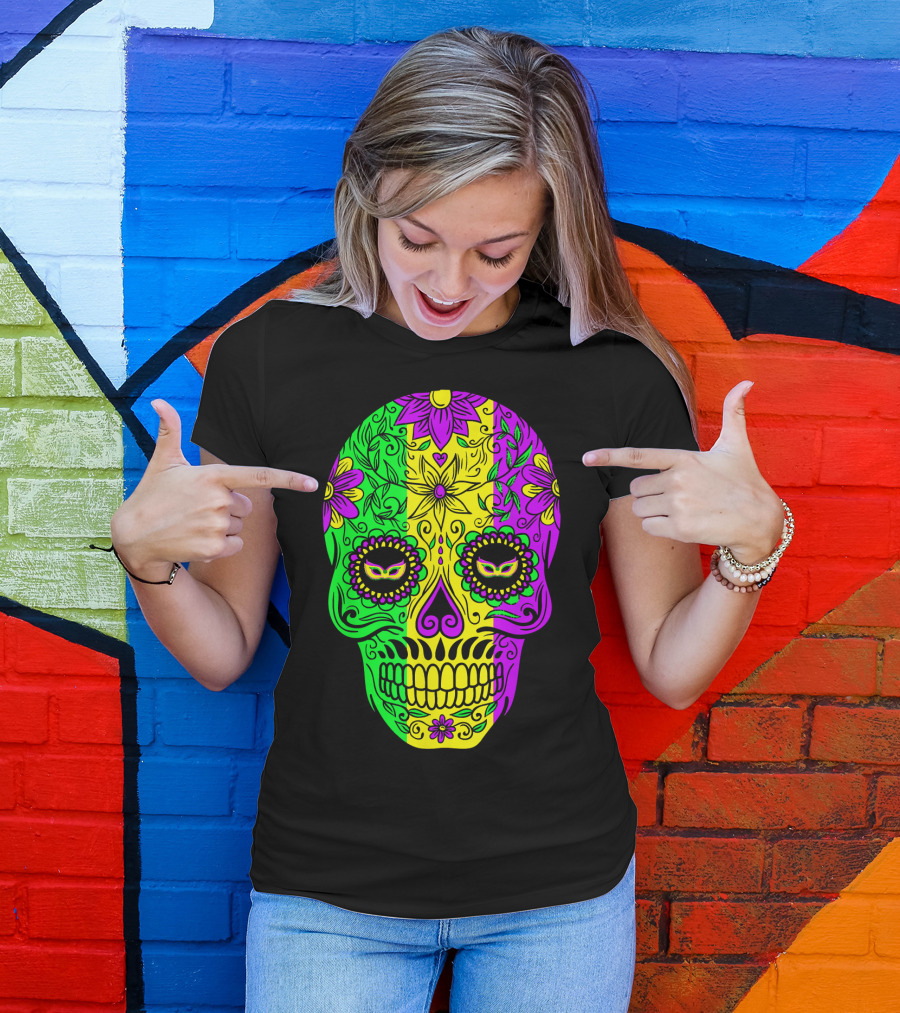 Mardi Gras Sugar Skull With Jester Hat Design And Colorful Floral T-Shirt