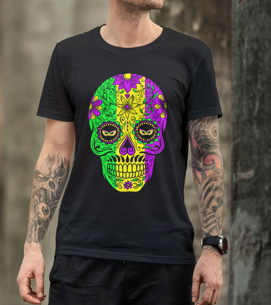 Mardi Gras Sugar Skull With Jester Hat Design And Colorful Floral T-Shirt