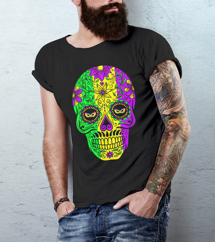 Mardi Gras Sugar Skull With Jester Hat Design And Colorful Floral T-Shirt