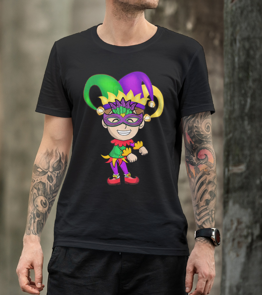 Mardi Gras Jester Kid Flossing Dance Colorful Mask And Costume T-Shirt