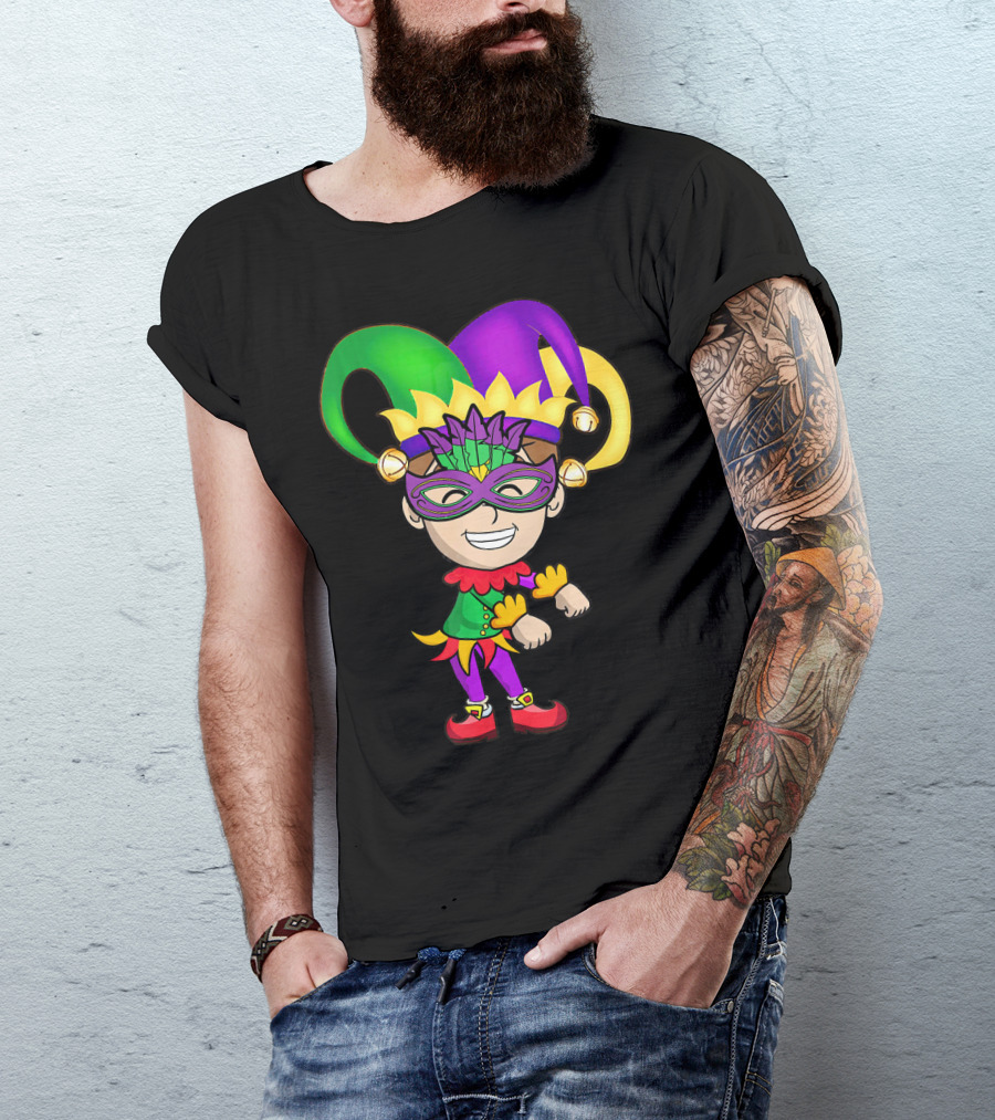 Mardi Gras Jester Kid Flossing Dance Colorful Mask And Costume T-Shirt